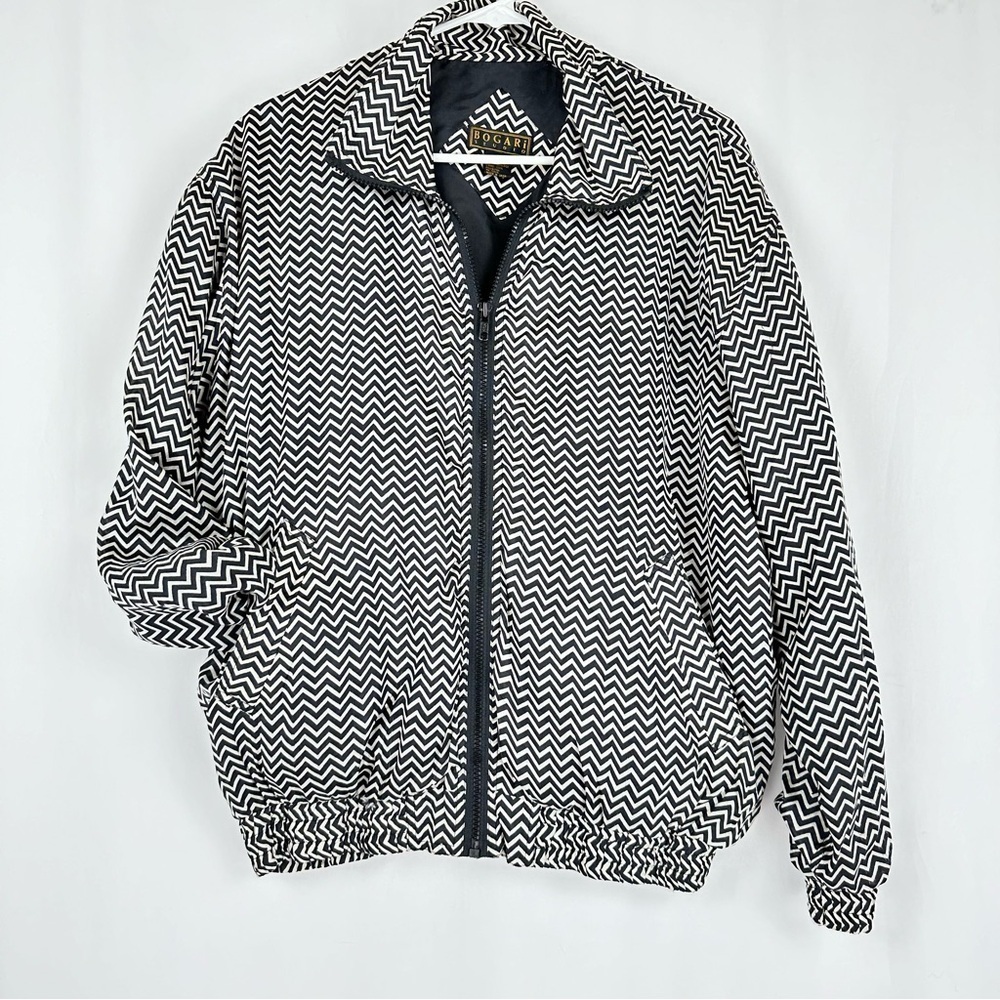 100% Silk Vintage 90's BOGARI STUDIO Blk & White Abstract Bomber Jacket Size: M